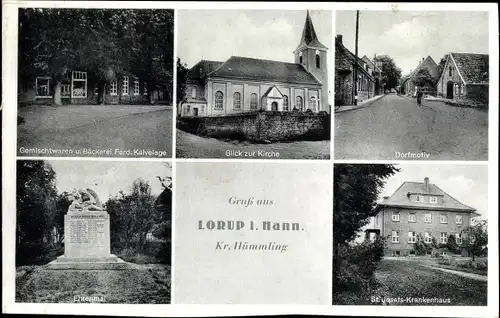 Ak Lorup im Emsland, Ehrenmal, Kirche, St. Josefs Krankenhaus, Gemischtwaren Bäckerei
