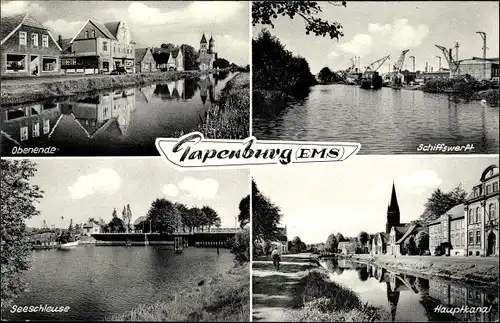 Ak Papenburg im Emsland, Seeschleuse, Hauptkanal, Schiffswerft, Obenende