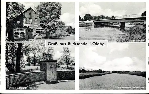 Ak Bucksande Apen in Oldenburg Ammerland, Gasthof, Neue Brücke, Ehrenmal