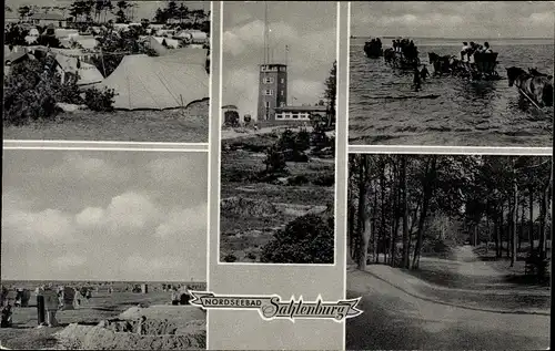 Ak Sahlenburg Cuxhaven in Niedersachsen, Zeltplatz, Strand mit Sandburgen, Wald, Wattwagen