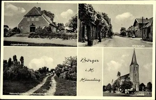 Ak Börger in Niedersachsen, Jugendherberge, Waldstraße, Naturschutzgebiet, Kirche