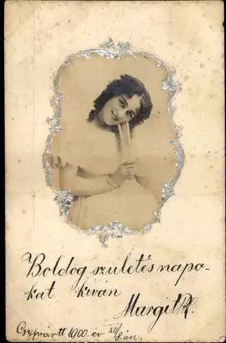 Präge Passepartout Foto Ak Portrait einer Frau mit Fächer