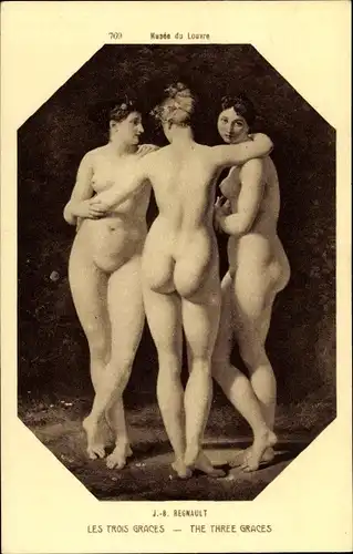 Künstler Ak Regnault, J. B., Les Trois Graces, drei nackte Frauen, Busen, Po