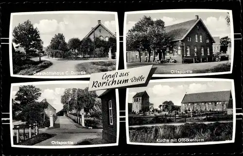 Ak Rorichum Moormerland in Ostfriesland, Geschäft, Ortspartie, Kirche mit Glockenturm