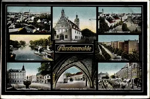 Ak Fürstenwalde an der Spree, Totalansicht, Rathaus, Münchebergerstraße, Hafen, Ulanenkaserne