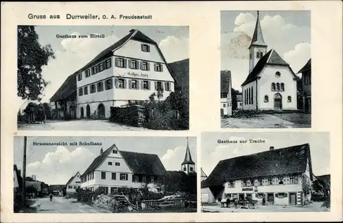 Ak Durrweiler Pfalzgrafenweiler in Württemberg, Gasthaus zur Traube, Kirche, Gasthaus zum Hirsch