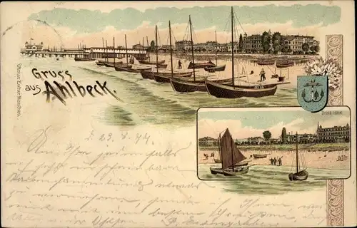 Litho Ostseebad Ahlbeck Heringsdorf auf Usedom, Blick auf den Ort, Strand, Fischerboote