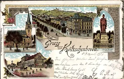 Litho Kötzschenbroda Radebeul in Sachsen, Kaiser Wilhelm Denkmal, Kirche, Stadtansicht