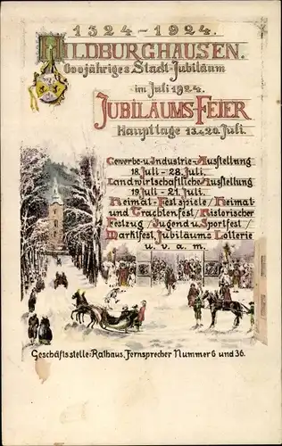 Künstler Ak Hildburghausen in Thüringen, 600 jähriges Stadtjubiläum, Rathaus, Schlitten, Wappen
