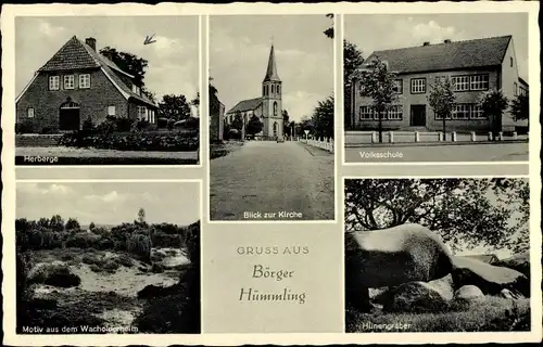 Ak Börger im Hümmling Emsland, Herberge, Kirche, Volksschule, Hünengräber, Wacholder