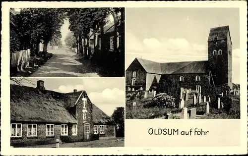 Ak Oldsum Insel Föhr Nordfriesland, Kirche, Friedhof, Straßenpartie, Gasthaus