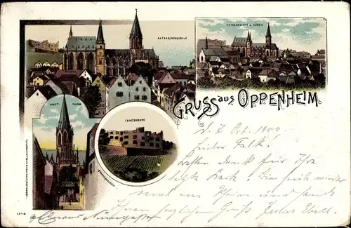 Litho Oppenheim am Oberrhein, Katharinenkirche, Landskrone, Hauptturm