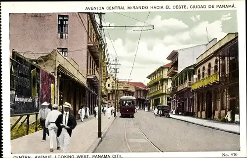 Ak Panama City Panama, Central Avenue looking west, Straßenbahn