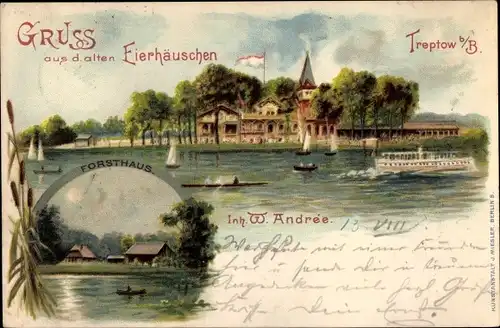 Mondschein Litho Berlin Treptow, Gruß aus dem alten Eierhäuschen, Forsthaus