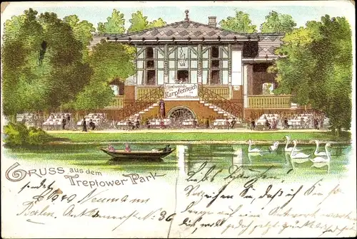 Litho Berlin Treptow, Treptower Park, Erfrischungshalle zum Karpfenteich