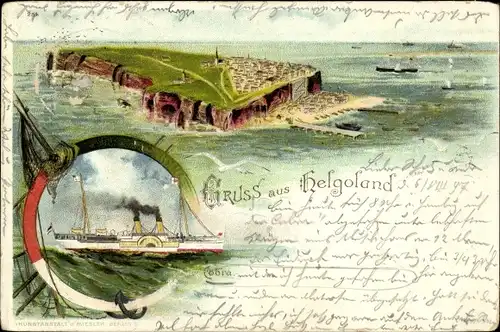 Litho Helgoland, Seebäderdampfer Cobra I., Blick auf die Insel, Anker