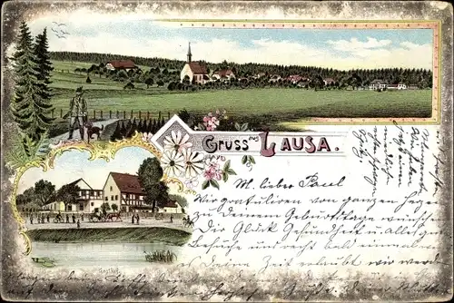 Litho Lausa Belgern in Sachsen, Panorama, Kirche, Gasthof