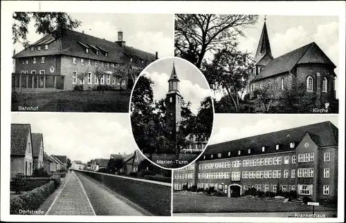 Ak Sande in Friesland, Bahnhof, Kirche, Marienturm, Dorfstraße, Krankenhaus