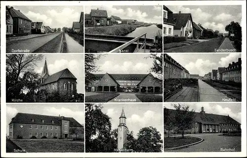 Ak Sande in Friesland, Kanal, Bahnhof, Krankenhaus, Schule, Marienturm