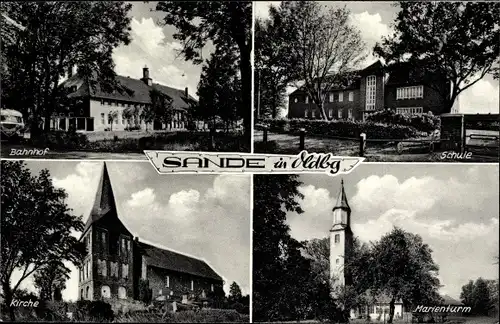 Ak Sande in Friesland, Bahnhof, Schule, Marienturm, Kirche