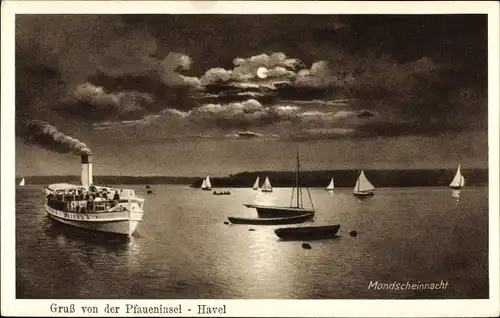 Mondschein Ak Berlin Zehlendorf Wannsee, Pfaueninsel, Mondscheinnacht, Dampfer