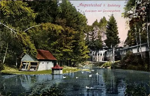 Ak Augustusbad Radeberg im Kreis Bautzen Sachsen, Ententeich mit Genesungsheim