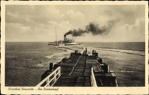 Ak Ostseebad Zinnowitz auf Usedom, Brückenkopf, Dampfer