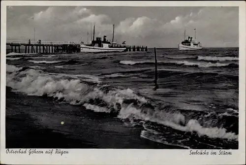 Ak Ostseebad Göhren auf Rügen, Seebrücke im Sturm