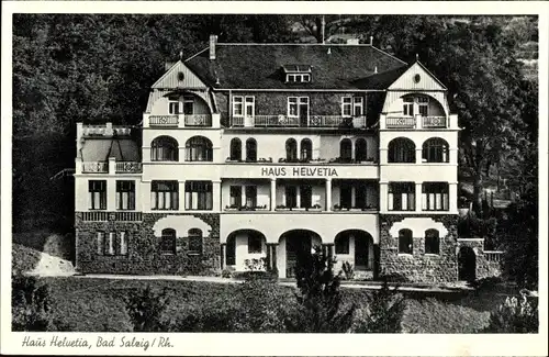 Ak Bad Salzig Boppard Mittelrhein, Frontansicht Haus Helvetia mit Balkonen und Terrasse