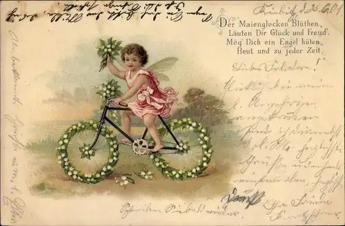 Litho Der Maienglocken Blüten, Engel auf Fahrrad aus Maiglöckchen