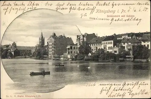Ak Kaliningrad Königsberg Ostpreußen, Schlossteich mit Schloss, Ruderboote