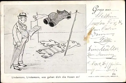 Künstler Ak Lindemann was gehen dich die Hosen an, Wäscheleine, Mann