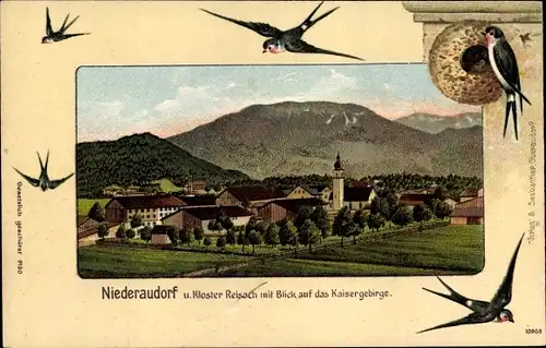 Litho Niederaudorf Oberaudorf in Oberbayern, Totale mit Kloster Reisach und Kaisergebirge, Schwalben