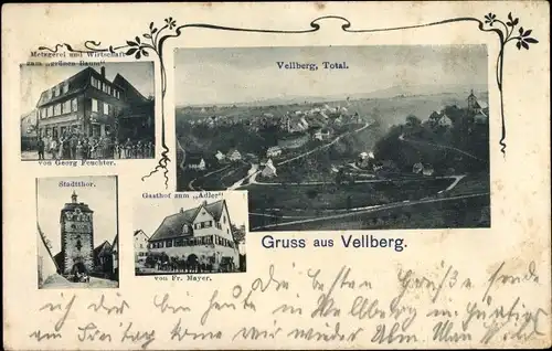 Ak Vellberg im Kreis Schwäbisch Hall, Stadttor, Gasthof zum Adler, Metzgerei, Zum grünen Baum