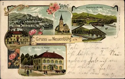 Litho Neuenburg am Rhein Baden, Stadtkirche, Bierbrauerei Müller, Rathaus, Panorama