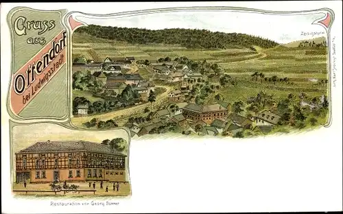 Litho Ottendorf Ludwigsstadt in Oberfranken, Gesamtansicht, Restauration Georg Donner