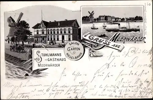 Litho Hamburg Wilhelmsburg Moorwärder, Stuhlmanns Gasthaus, Windmühle