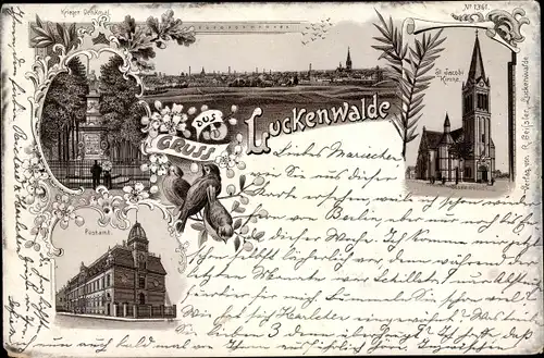 Litho Luckenwalde in Brandenburg, Postamt, St. Jacobi Kirche, Kriegerdenkmal