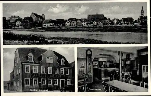 Ak Haßfurt Unterfranken, Walfischbrauerei, Inh. Theo Wörtmann, Blick auf den Ort, Standuhr