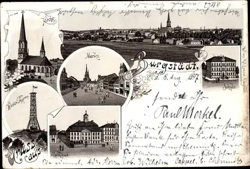 Litho Burgstädt in Sachsen, Kirche, Markt, Schule, Wettin Turm, Rathaus
