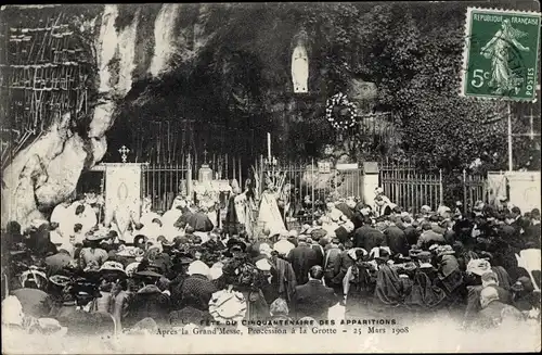 Ak Lourdes Hautes Pyrénées, Fete du Cinquantenaire des Apparitions, Procession a la Grotte 1908