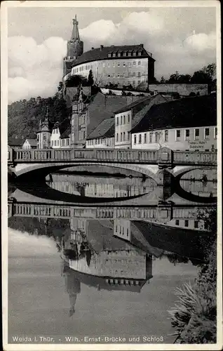 Ak Weida im Kreis Greiz Thüringen, Wilhelm-Ernst-Brücke und Schloss