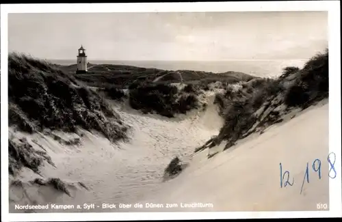 Ak Kampen auf Sylt, Dünen am Strande mit Leuchtturm