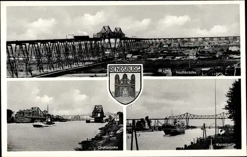 Ak Rendsburg in Schleswig Holstein, Hochbrücke, Drehbrücke, Kanalpartie, Wappen