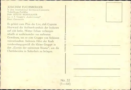 Ak Schauspieler Joachim Fuchsberger, Der letzte Mohikaner, Filmszene