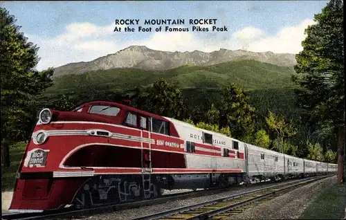 Ak Eisenbahnen USA, Rocky Mountain Rocket, At the Foot of Famous Pikes Peak, Schnellzug