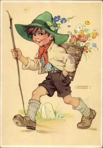 Künstler Ak Lungershausen, Ilse Wende, Junge mit Rückentrage, Blumen