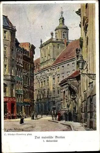 Künstler Ak Günther Naumburg, O., Wrocław Breslau Schlesien, Universtität, Fechterbrunnen