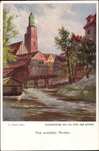 Künstler Ak Irmann, H., Wrocław Breslau in Schlesien, Elisabethkirche von der Oder aus gesehen
