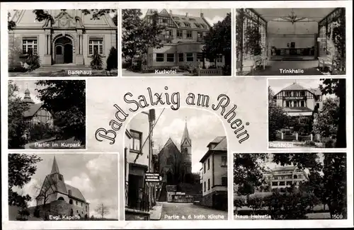 Ak Bad Salzig Boppard am Rhein, Kapelle, Kirche, Kurhotel, Trinkhalle, Haus Helvetia, Kurpark
